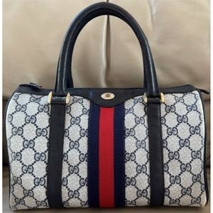 Authentic Vintage Gucci Boston Web Black Monogram Canvas Leather Bag